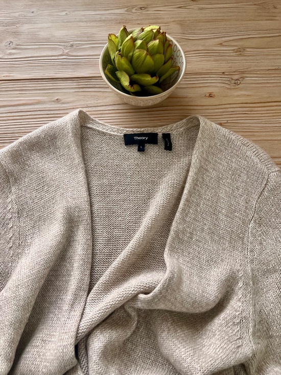 Theory Sweaters - Theory Cashmere Blend Longline Open Cardigan Duster Oat Beige Beachy Coastal